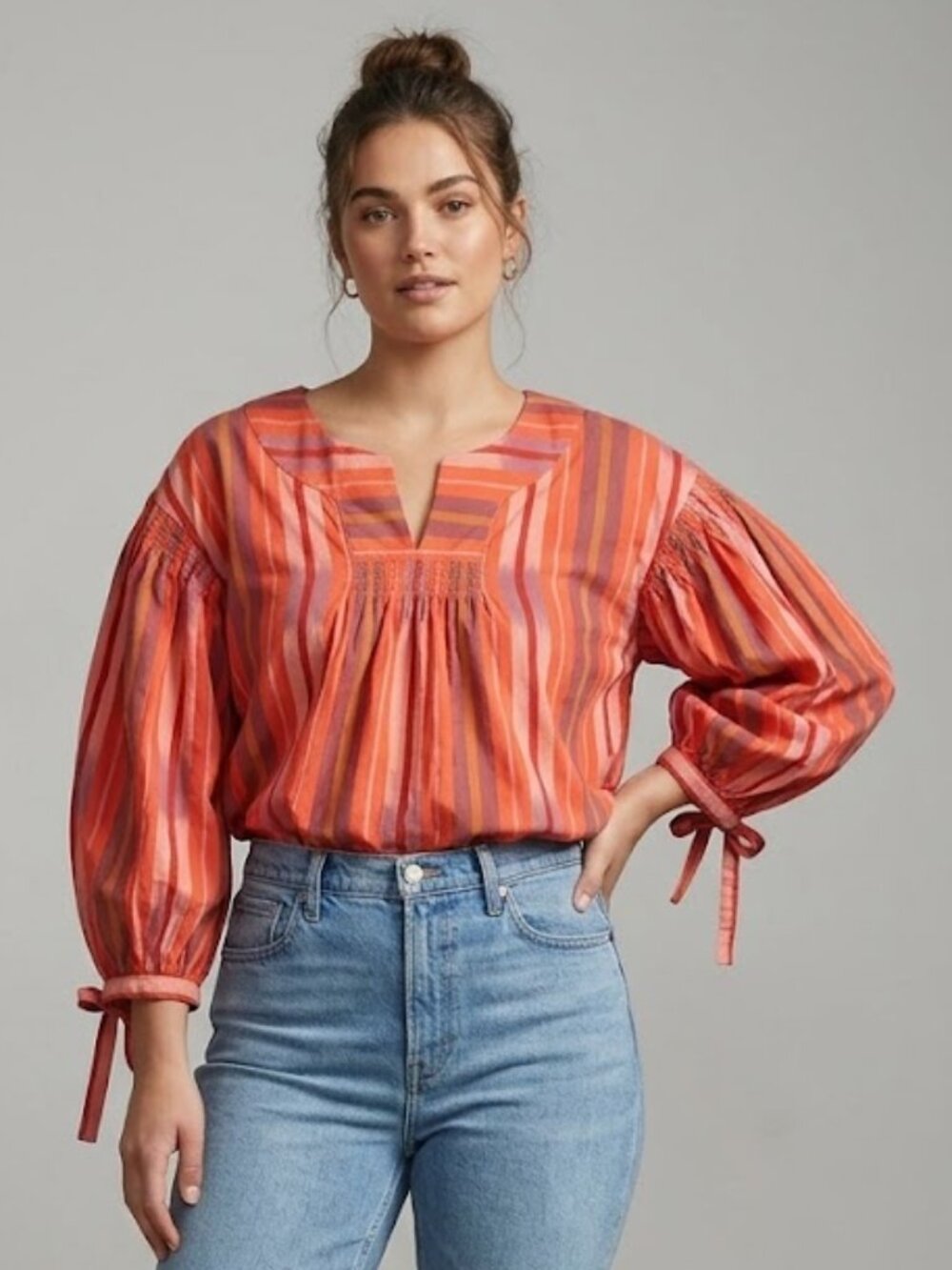 Madewell Coral and Purple Striped Peasant Top
